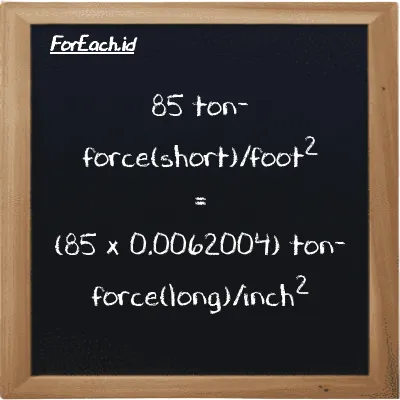 How to convert ton-force(short)/foot<sup>2</sup> to ton-force(long)/inch<sup>2</sup>: 85 ton-force(short)/foot<sup>2</sup> (tf/ft<sup>2</sup>) is equivalent to 85 times 0.0062004 ton-force(long)/inch<sup>2</sup> (LT f/in<sup>2</sup>)